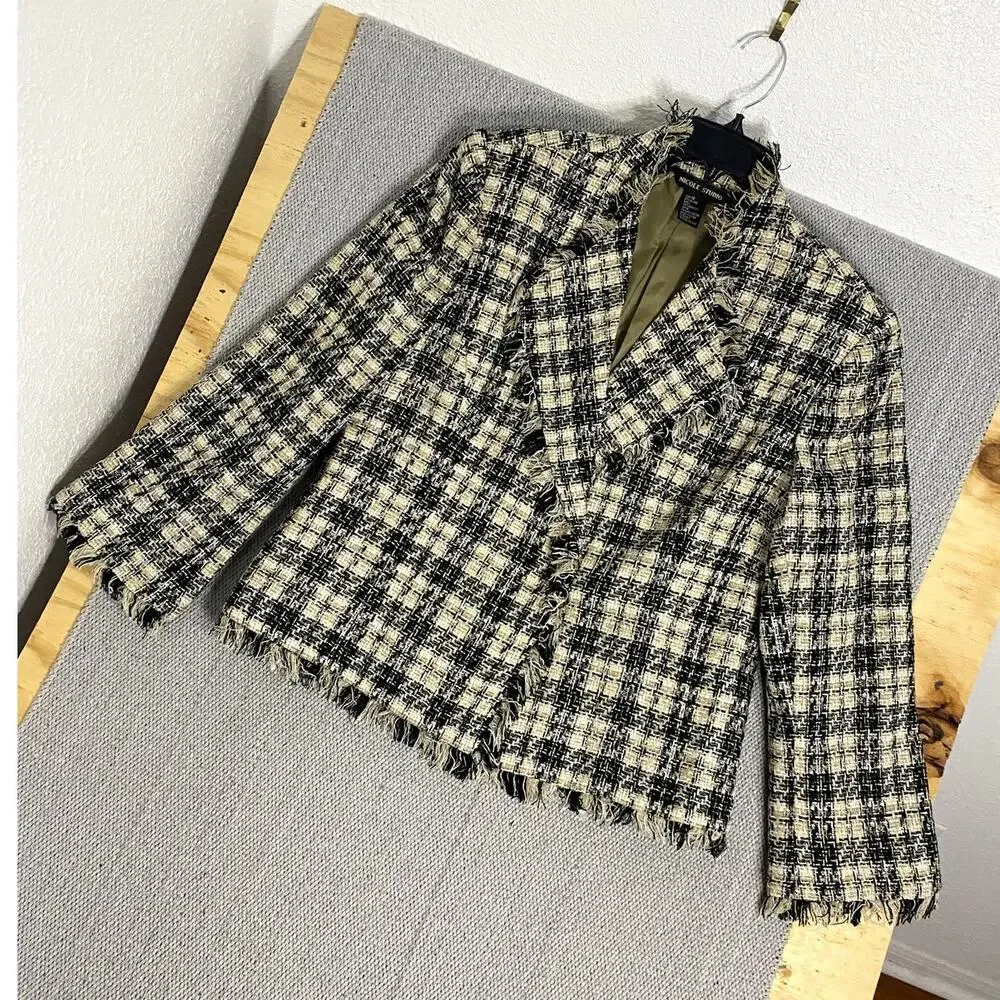 Nicole Studio Blazer Womens‎ 18 Cream/Black Plaid Tweed Fringe Boho Party